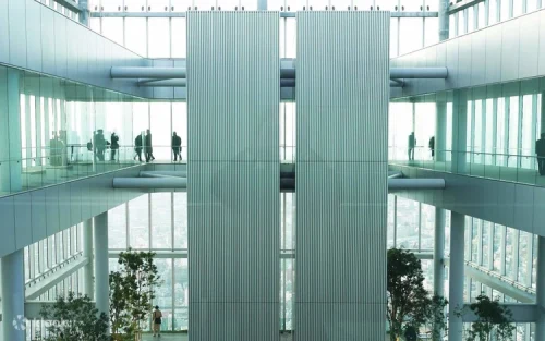 Visitors enjoying the 360-degree glass enclosed deck on the 60th floor