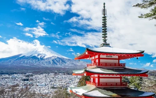 Famous Japanese street scene overlooking the towering mountain peak