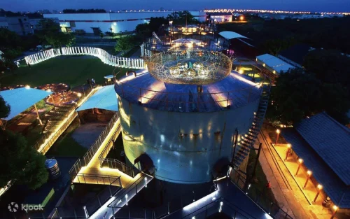Illuminated century-old sugar factory at night in Tainan