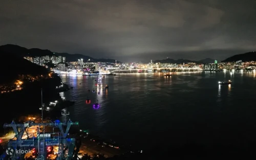 Comfortable sightseeing bus exploring Busan's evening attractions