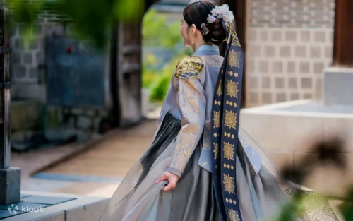 Close-up of beautiful traditional Korean hair accessories and braided styling.