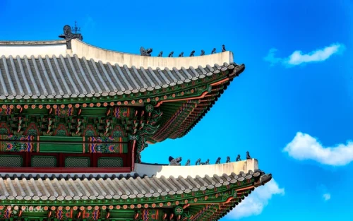 Vibrant Royal Guard Changing Ceremony at Gyeongbokgung Palace courtyard