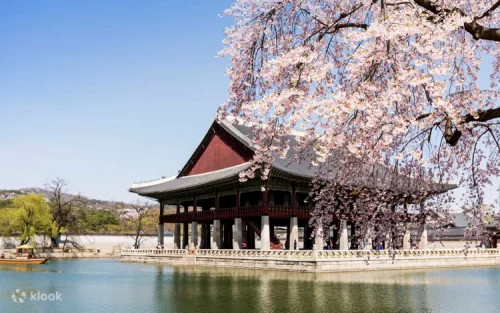 Traditional Korean architecture and curved roofs in a historic Hanok Village