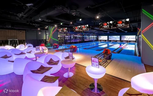 Neon lit bowling lanes at 313 Somerset Orchard Road