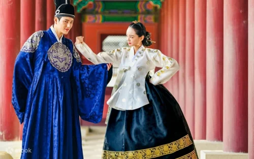 Detailed view of traditional Korean hairstyling with beautiful authentic accessories