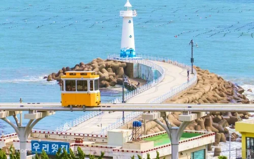 Haeundae Blueline Park coastal train traveling along the scenic East Coast of Busan