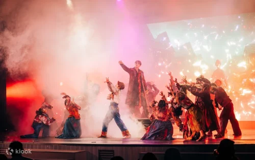 Spectacular parade with colorful floats and performers at Lotte World.