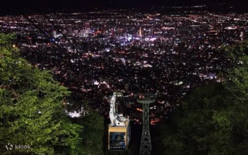 Glistening city lights of Sapporo viewed from the Mount Moiwa observation deck at night.