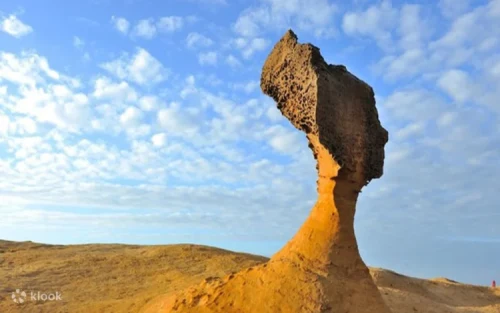 Famous Queen's Head rock formation at Yehliu Geopark against a blue sky