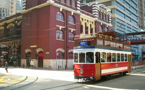 Classic Hong Kong tramway system bustling with daily commuters