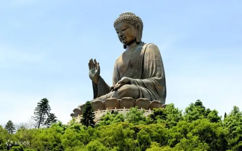 Majestic Tian Tan Buddha statue towering over Lantau Island