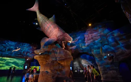 Deep-sea oasis exhibit featuring a whale skeleton and mysterious ocean creatures.