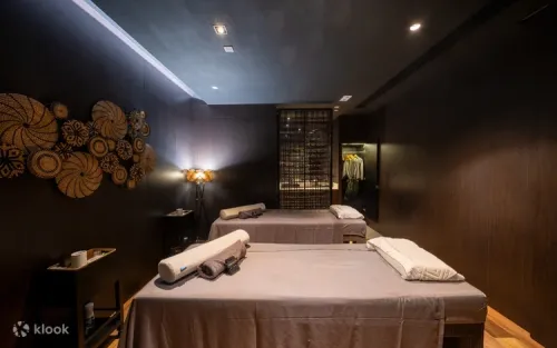 Premium botanical bath products displayed in a tranquil wellness facility