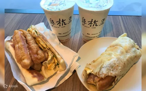 Classic Taiwanese breakfast featuring hot soy milk and crispy dough sticks