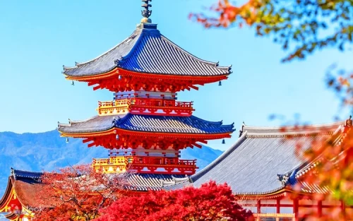 Majestic Kiyomizu-dera Temple wooden stage surrounded by trees