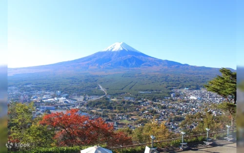 Stunning snow-capped Mount Fuji seen from the Tenjo-Yama Park observation deck.