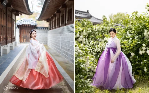 Close-up of elegant traditional Korean Hanbok accessories and hair styling