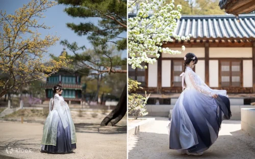 Woman twirling in a colorful fusion Hanbok outside the National Folk Museum