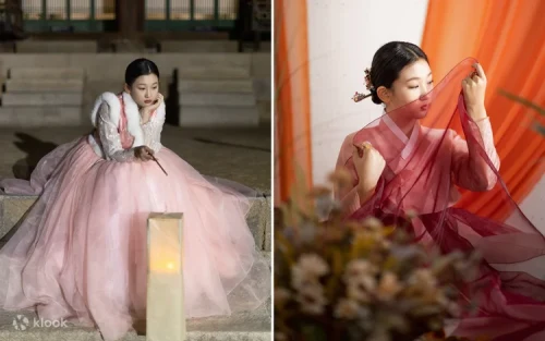 Professional photographer taking pictures of tourists in traditional Korean clothing