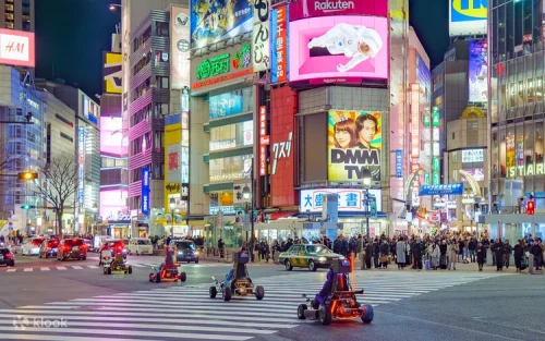 Go karts driving through the famous Shibuya Scramble Crossing