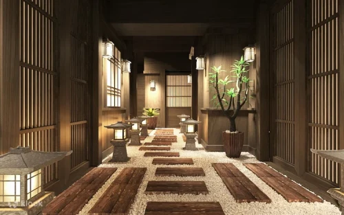 Traditional Japanese old street and garden interior design