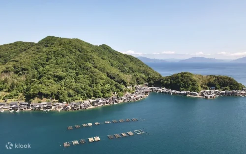 Traditional wooden funaya boathouses lining the pristine waters of Ine Bay