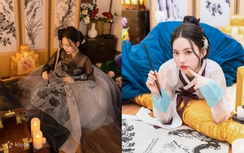 K-drama inspired character hanbok with traditional hats and vibrant fusion designs