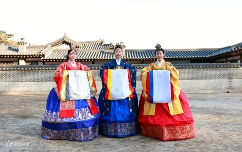 Close up of high-quality handmade Hanbok silk fabrics and colorful traditional Korean embroidery