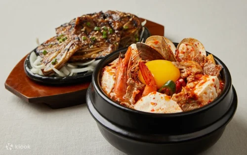 Bubbling hot Soon Tofu stew with fresh seafood and tender pork