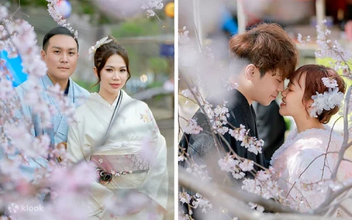 Couple walking in authentic kimonos through the scenic streets of Kyoto