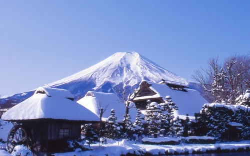 Crystal clear ponds at Oshino Hakkai with Mount Fuji in the background