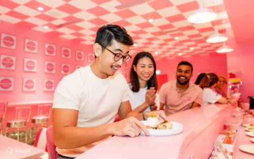A retro aesthetic view of the interactive Scream's Diner installation
