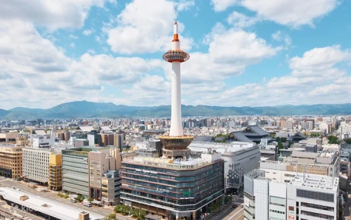 Looking through free telescopes at the Kyoto skyline from the observation deck.