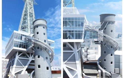 Exciting 60-meter Tower Slider spiraling down the Tsutenkaku exterior