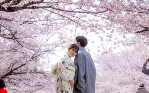 Professional stylist expertly tying an obi sash and fitting a beautiful floral garment on a guest.