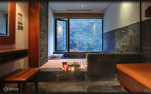 Lush green mountain views from the private hot spring bathhouse